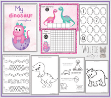 Load image into Gallery viewer, Dinosaur pink themed activity book
